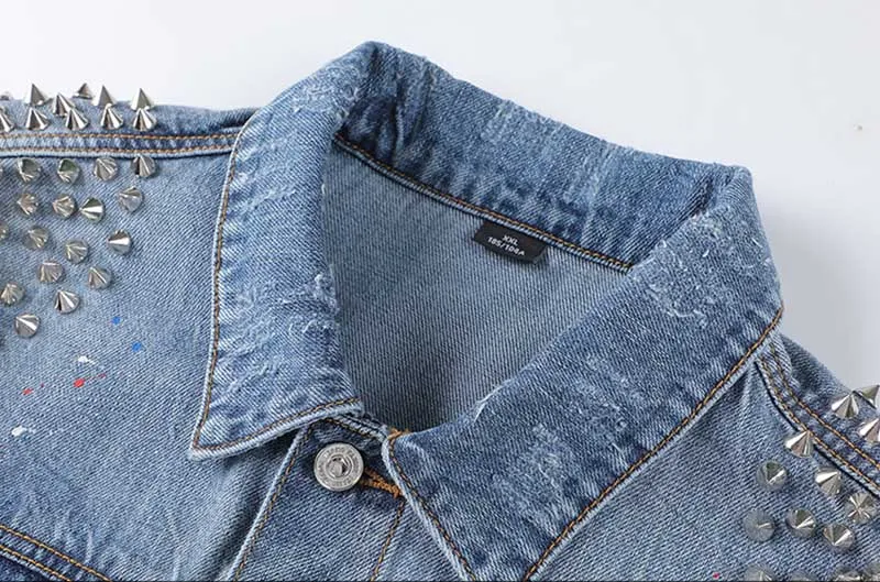 Men Ripped Denim Jackets With Rivet Dot Painted Jeans Jackets Outwear For Man Washed Streetwear  (4)