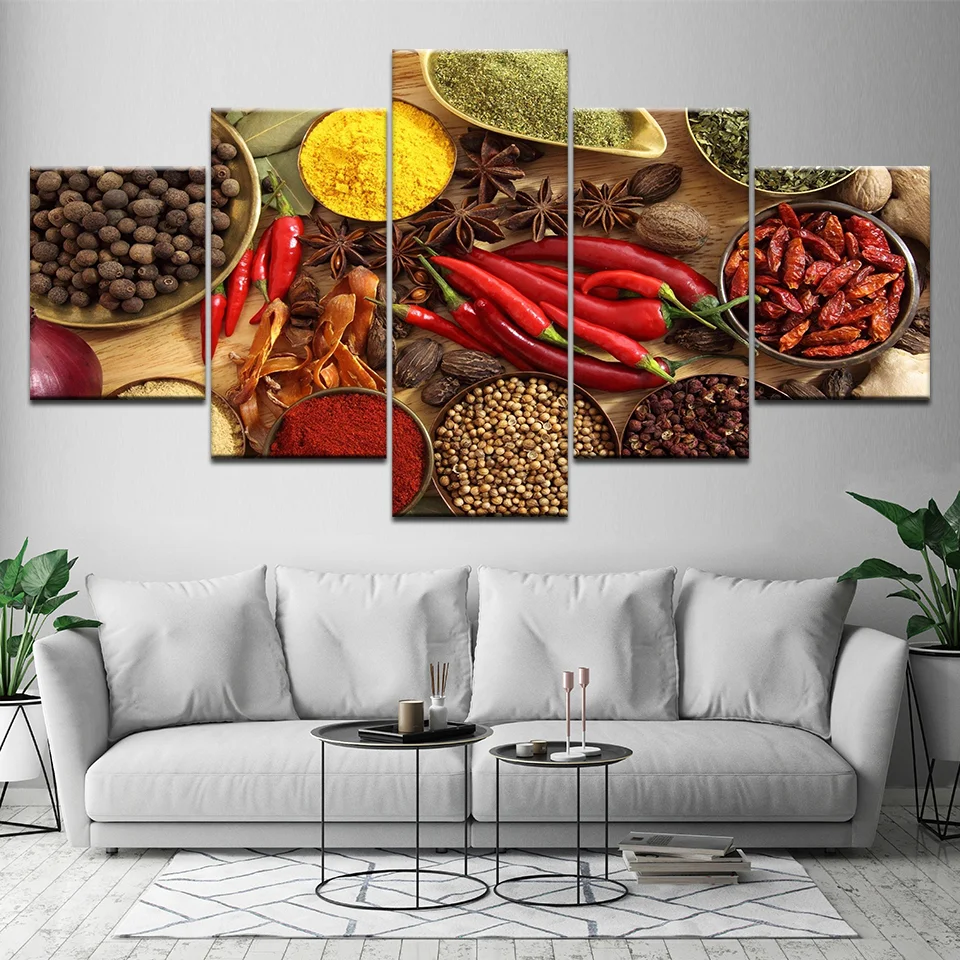 Wall Art Canvas Painting Posters Prints 5 Panel Spoon Grains Spices Peppers Kitchen Modular HD Food Picture Home Decoration