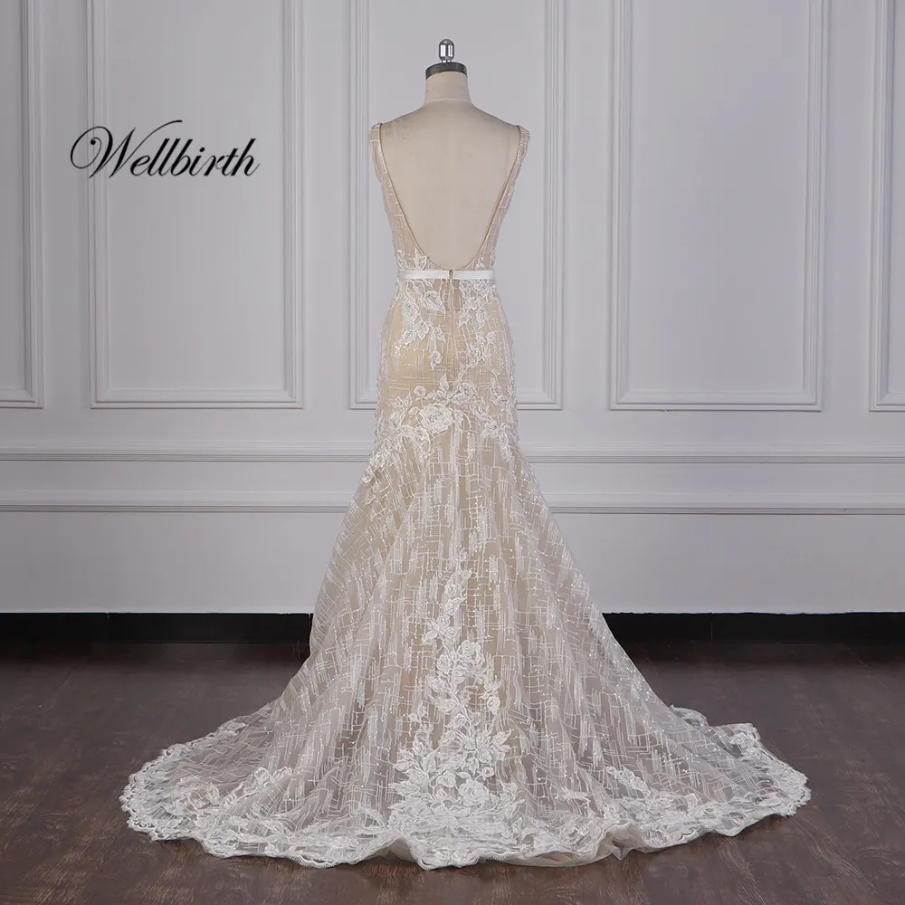 Реальное изображение Wellbirth Vestido de novia роскошное свадебное платье с v-образным вырезом и рукавами-крылышками JC024