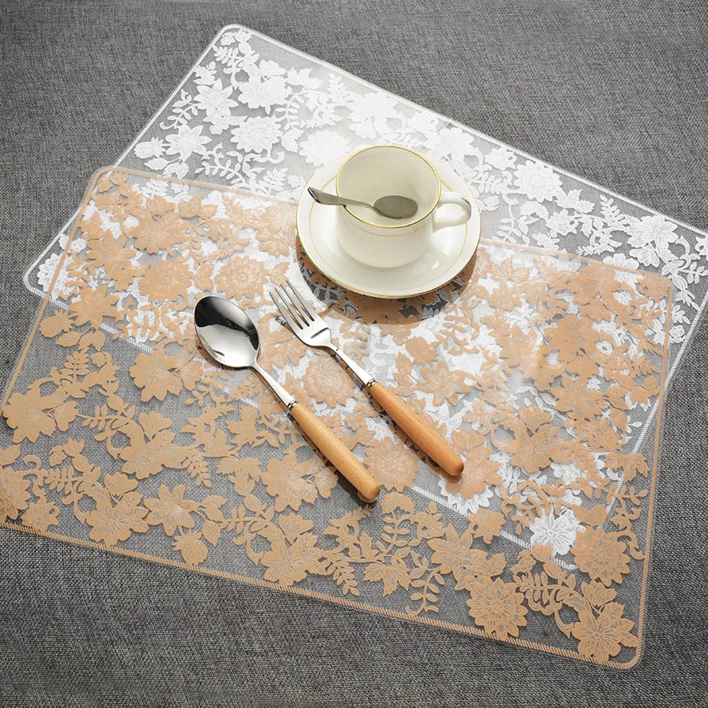 

Dining room Table Cloth Pad coaster Washable Beautiful Wedding Solid Color Transparent Lace Flower PP Placemat Non-slip Pad FDH