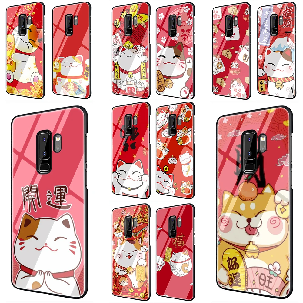 

EWAU China cute lucky cat new year Christmas gifts Glass Phone Case for Samsung Galaxy S7 8 9 10Plus 10Plus Note8 9 10Plus A10 20 30 40 50 60