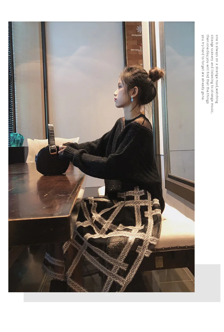 MISHOW autumn plaid pleated skirt women causal elastic waist mesh Mid-length black skirt MX18D1879