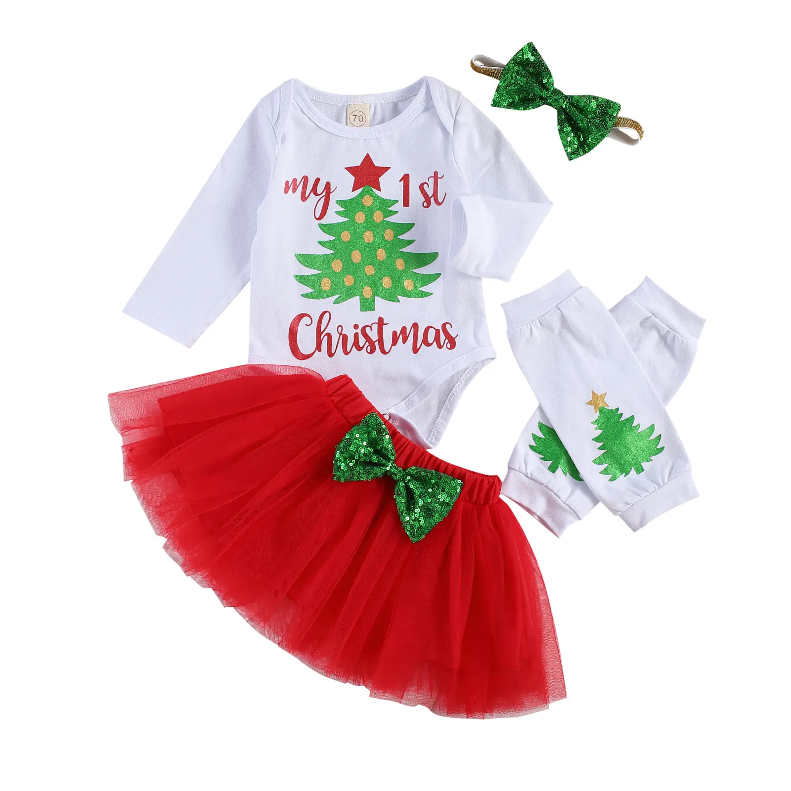 

2020 New Winter Christmas 0-12M Newborn Baby Girl 5Pcs Set Letter Print Xmas Tree Long Sleeve Bodysuit+Red Skirt+Leg Warmers+Bow