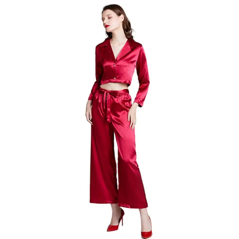 

Women Shiny Silky Pajamas Set Long Sleeve Notched Crop Top Pants Solid Sleepwear