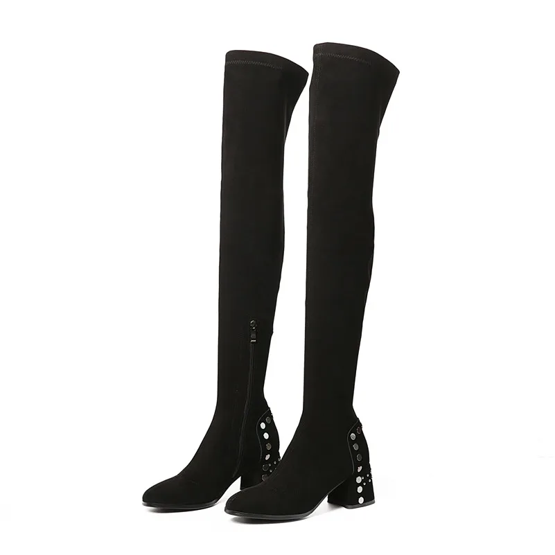 FEDONAS/Новинка; высокие сапоги для верховой езды из флока с заклепками; зимние теплые туфли для танцев для вечеринки; женские пикантные ботфорты выше колена - Цвет: black long