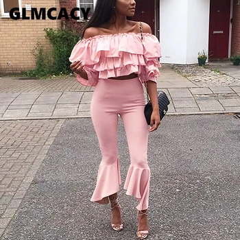 

Women Summer Fall 2 Pieces Outfits Off Shoulder Slash Neck Ruffles Tube Top and Flare Pants Pink Sweet Beach Partywear