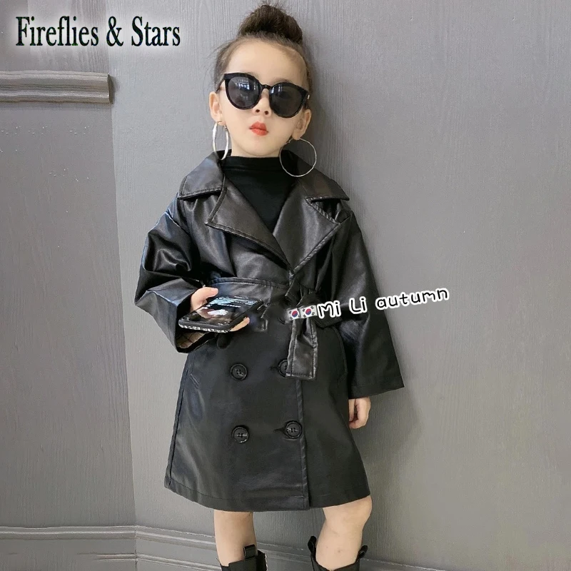 

Spring Autumn girls PU Jacket baby long coat toddler outwear kids streetwear clothes fashion England waistband black 3 to 14 yrs