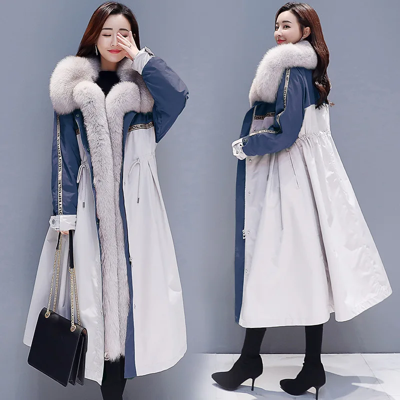 

Winter Cotton Dress Women's 2019 New Style Mid-length Korean-style Large Fur Collar Waist Hugging Elegant Slimming Thick Warm Co