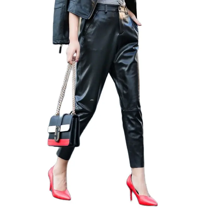 

A1750 New Style for Autumn and Winter Leather Pants Women's Sheepskin Pencil Pants Slim Pants Long Leather Trousers