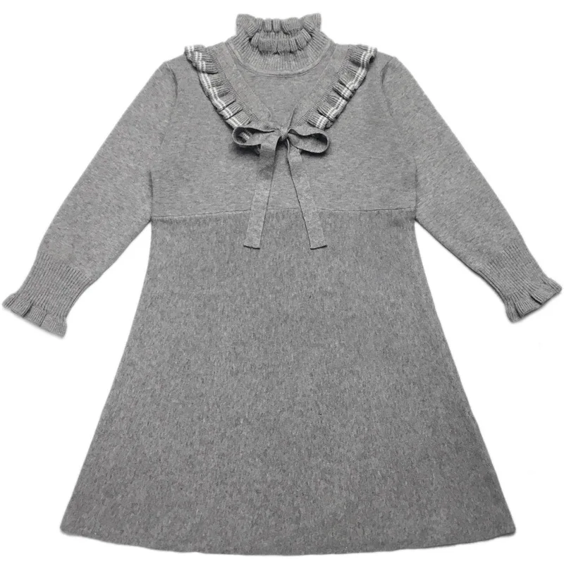 Платье-свитер для девочек; коллекция года; сезон осень; теплые платья с длинными рукавами для девочек; платье принцессы; детская вязаная одежда в Корейском стиле - Цвет: Серый