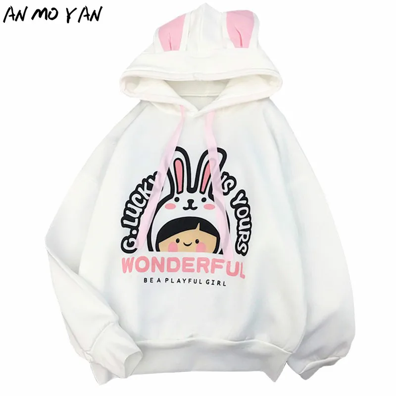 

Women's Hoodie Winter Fashion Cartoon Anime Harajuku Loose Korean Bunny Ear Top Sweatshirt