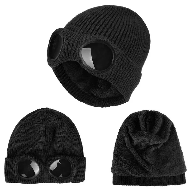 Зимние Модные тёплые вязаные шапки бини Skullies Лыжная Шапка со съемными очками для женщин и мужчин Спорт на открытом воздухе дикая шапка s