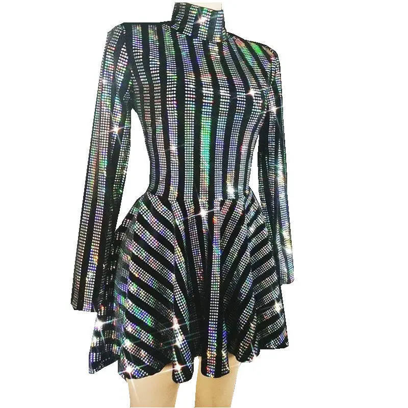 

Multi-color Full Sequins Short Dress Long Sleeve Black Prom Celebrate Birthday Outfit Women Dancer Show Stage Rhinestones Dress
