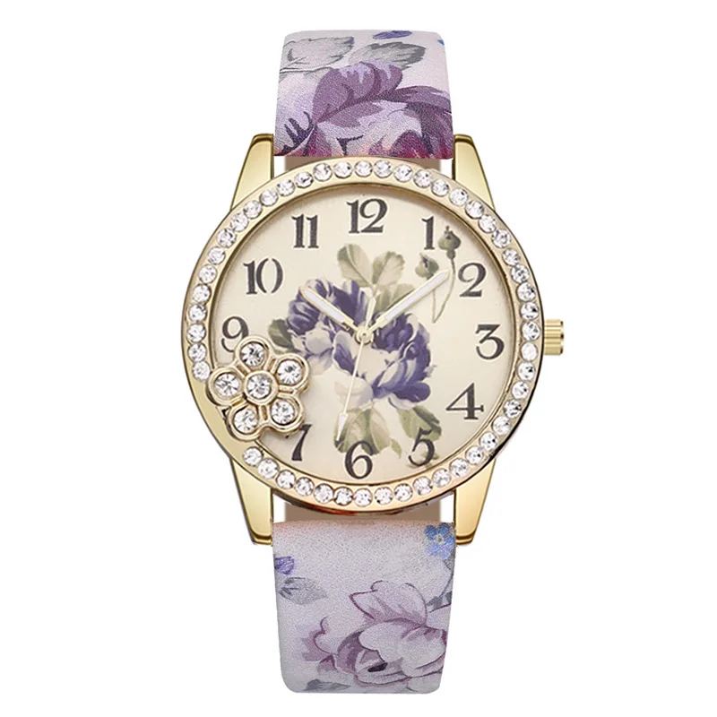 

Cross Border for Trend Versatile Purple Tulip Women's Diamond Set Quartz Watch Casual Women's Leather Watch