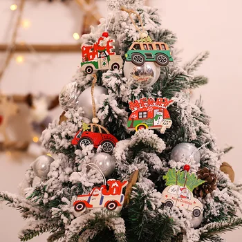 

3pcs New Year Decor Santa Clause Car Joy Merry Christmas Tree Hang Pendant Wooden Ornament Christmas Party Decors for Home 2021