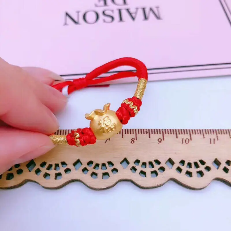 Pure 24k Yellow Gold Bracelet Women 3D Luck Wealth Fu Bag Weave Bracelet 6.3inchL