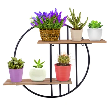 

HIPSTEEN Circular Wrought Iron Wall Mounted Storage Rack Wooden Flowerpot Holder Home Garden Indoor Display Plant Stand Shelf