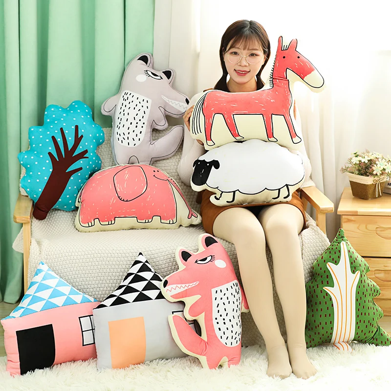 

New Nordic style Soft Animal Cartoon Pillow Cushion Cute Horse Elephant Wolf Sheep Tree Plush Toy Stuffed kids Birthyday Gift