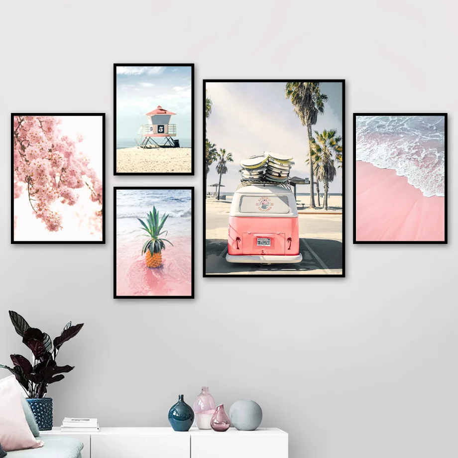 

Pink Beach Coconut Bus Peach Blossom Wall Art Canvas Painting Nordic Canvas Posters And Prints Wall Pictures For Living Room