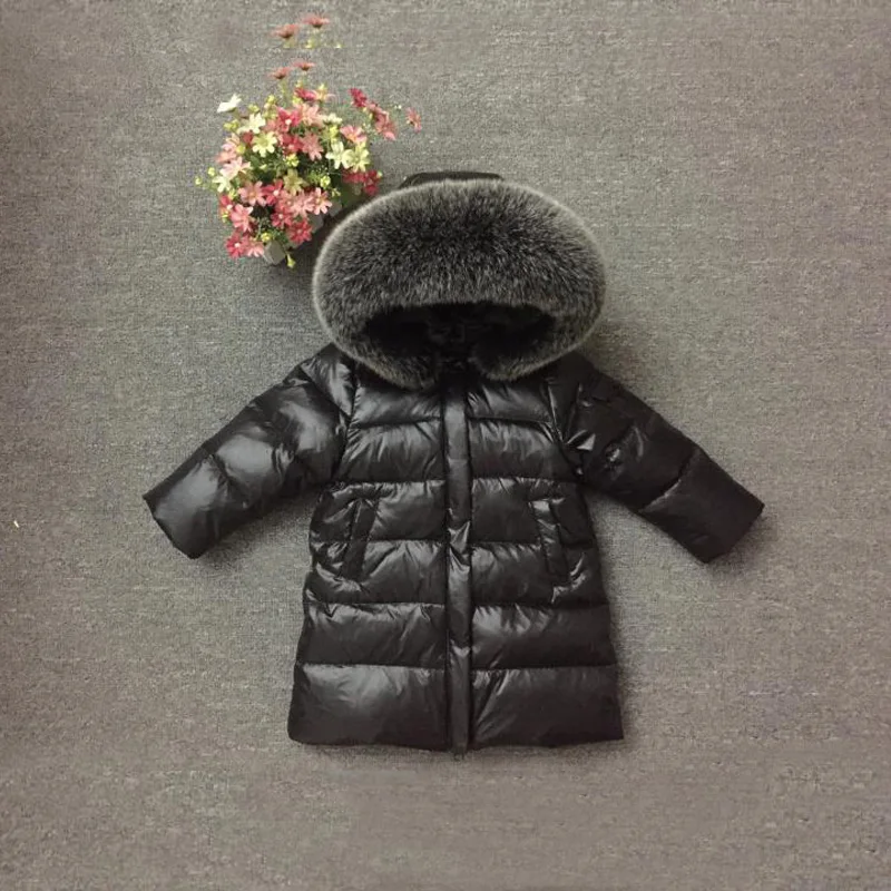 Пальто с меховым капюшоном для девочек, Россия-30 зимняя теплая пуховая куртка детское длинное пальто для маленьких мальчиков ветрозащитная детская одежда Зимний комбинезон - Цвет: Fox Black