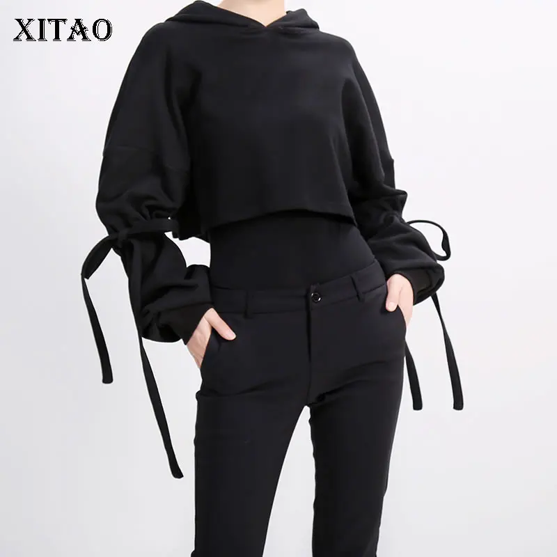 XITAO приталенные худи на шнурке Женская корейская мода 2019 Пуловер черный