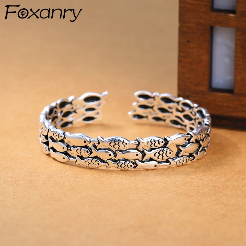 FOXANRY 925 Sterling Silver Ring Bracelet Earrings Jewelry Set Trendy Elegant Vintage Simple Fish Design Birthday Party | Украшения и
