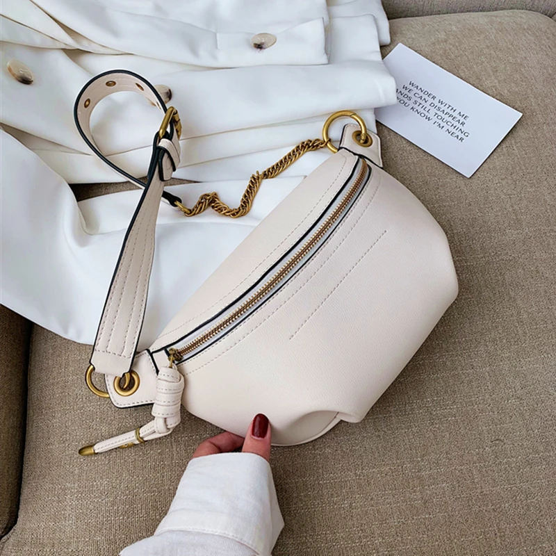 Riñonera sencilla de cuero sintético para mujer bolso cruzado con cadena en el pecho Color liso verano 2021 | Багаж и сумки