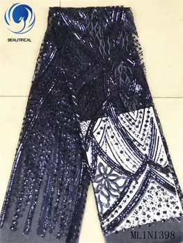 

Beautifical african lace fabrics hgih quality net lace embroidery sequins nigerian lace fabric for women 5yards ML1N1398