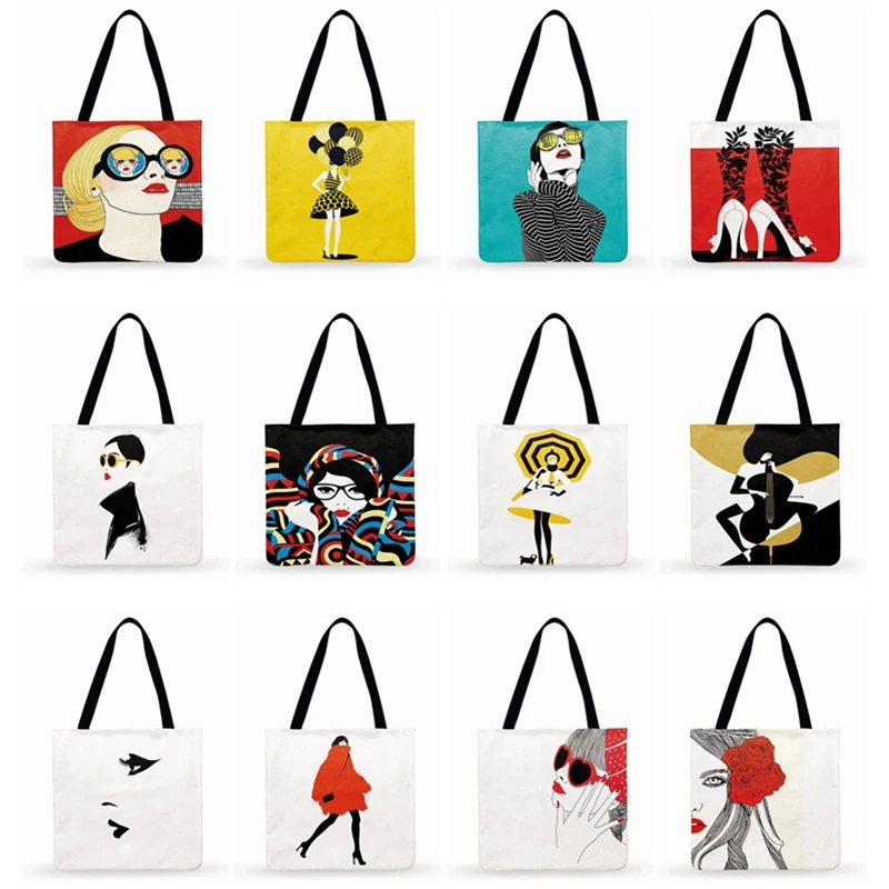 Fashion Bag Tote-Bag Foldable Print Casual Women Simple Illustration Lady Ladies
