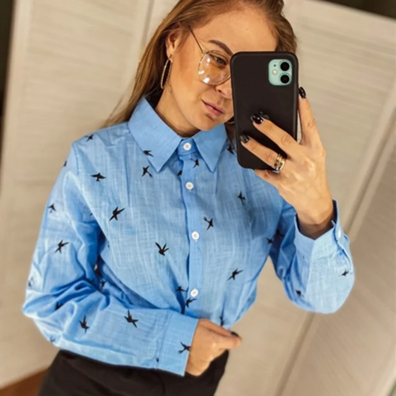 Women's Birds Print Shirts 35% Cotton Female Tops 2020 New Fashion Spring Summer Loose Casual Ladies Shirt Plus Size 5XL