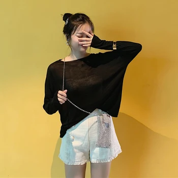 

Vintage Summer 2019 New Korean Version Ins High Waist Casual Shorts + Loose Long-sleeved Women's T-shirt