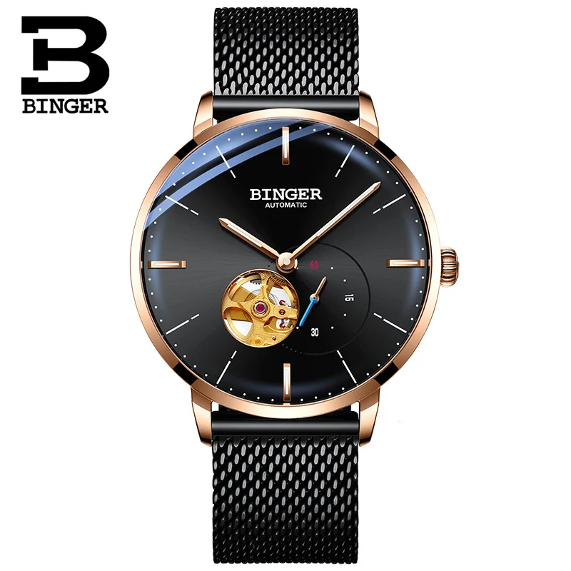 Switzerland BINGER 8 мм ультратонкие автоматические механические часы мужские брендовые Роскошные мужские часы сапфировые наручные часы мужские водонепроницаемые - Цвет: Black Rose gold