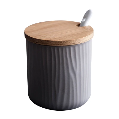Деревянная банка для приправ с одной крышкой, ложка, керамическая противоскользящая солевая кастрюля, кухонный MSG, сахарная приправа, комбинация чашек LB1161 - Цвет: gray 1PCS