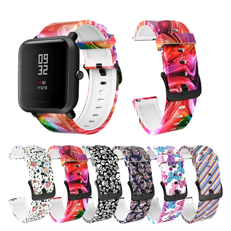BOORUI Amazfit ремешок Bip 20 мм ремешок для часов Камуфляжный Силиконовый браслет с разнообразным цветочным принтом 20 мм ремешок для Xiaomi Huami Amazfit