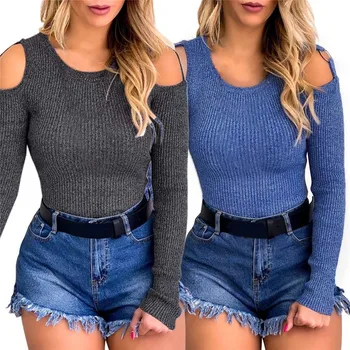 

Sexy Off Shoulder Slim Sweaters Autumn Winter Long Sleeve Pullovers Sweaters Casual Solid O-neck Knitted Sweater Women Clothes