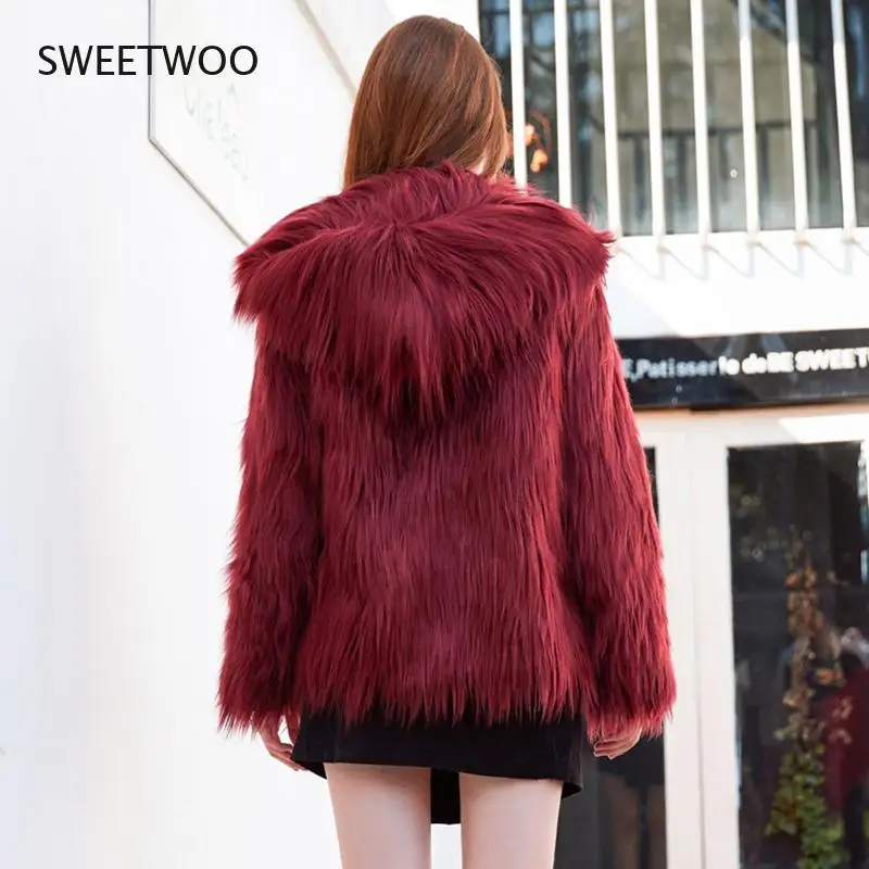 Fluffy Faux Fur Coat with Hood Women Winter  Loose Plush Purple Grey Green Red Jacket Ladies Chic Fashion Parka Outwear