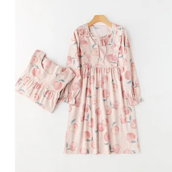 

Chemise De Nuit Femme Autumn Dresses for Women Princess Style Nightdress Sweet Cotton Peach Long Sleeve Dress Cotton Nightgown