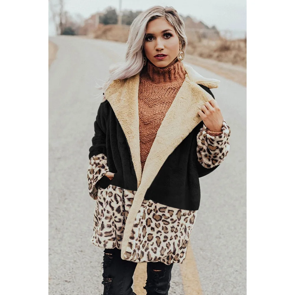 

Woman Jacket Autumn Winter Warm Lapel Plush Spliced Leopard Coat Women Windbreaker Women Clothing Mujer Chaqueta Femme Veste