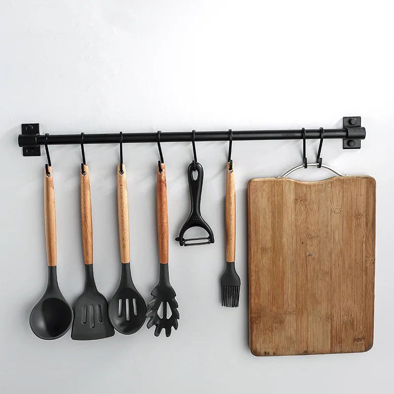 

1pc Black Wall Mounted Pantry Tool Towel Holder Shelf Kitchen Hook Rack Aluminum Pantry Bar for Kitchenware Utensil Storage Rack