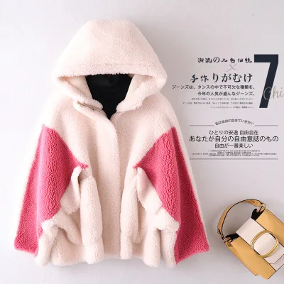 Pink Композитная овечья шерсть ягненка мех пальто для женщин из натурального искусственного меха пальто с искусственной замши на подкладке с капюшоном куртка верхняя одежда женская - Цвет: Pink