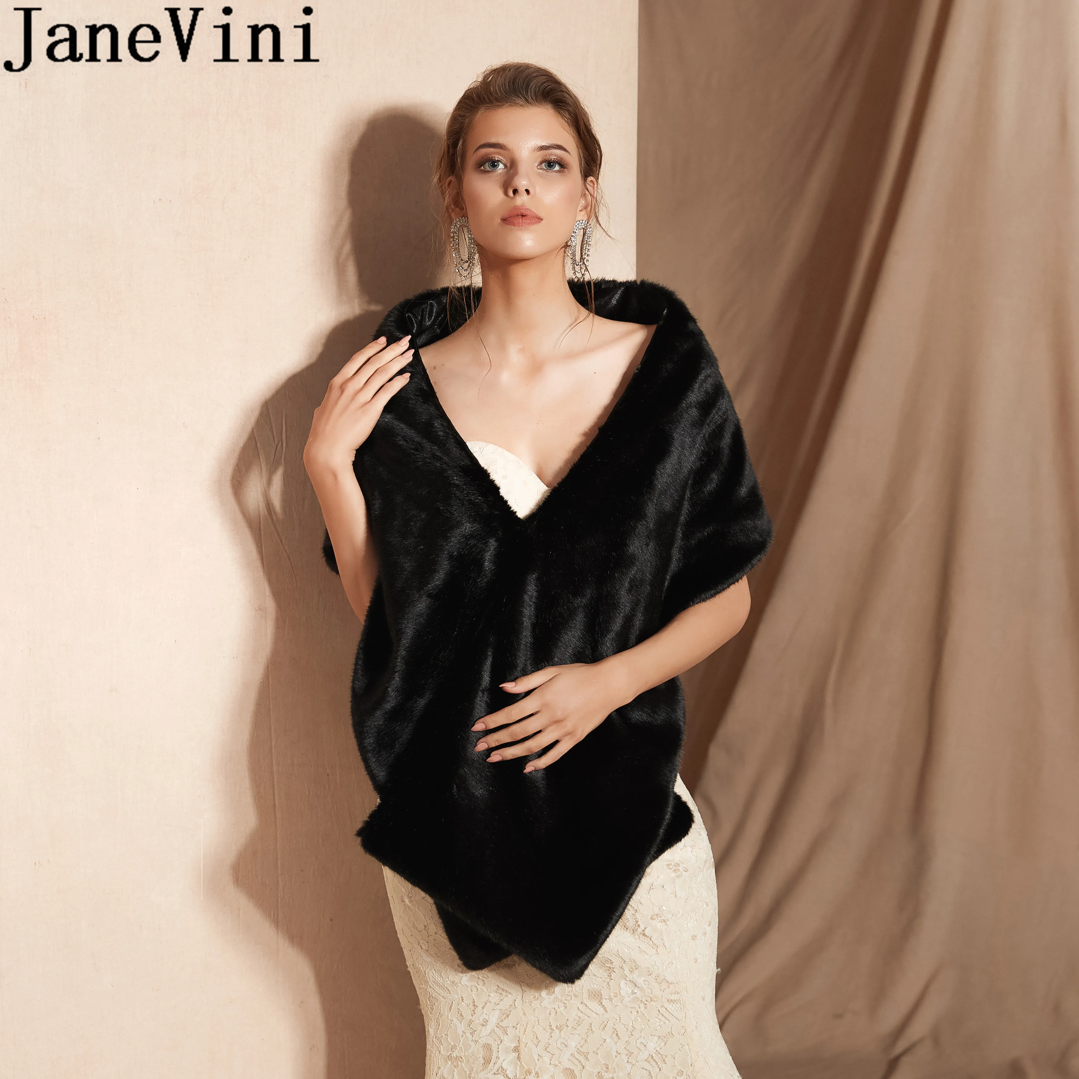 JaneVini Black Fur Bridal Bolero Capes Winter Wedding Shawl Bruids Cape Women Faux Fur Boleros Stole Evening Dress Wraps Jacket