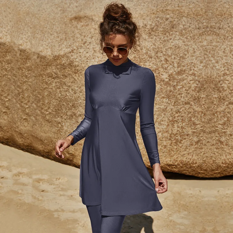 Summer Burkini Muslim Swimwear Female Two-Piece Set Swimsuit Long Sleeve Beach Swimming Suit With Folds mujer islamico купальник
