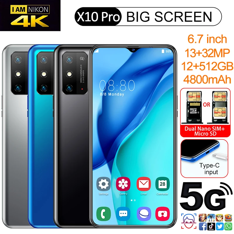 

Global Version 6.7inch X10 Pro Deca Core CellPhone 12GB RAM 512GB ROM Smartphone 4800mAh Unlock 5G LTE Global Version FHD Scree