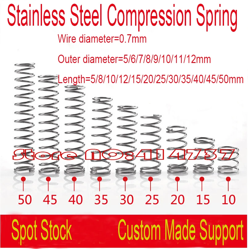 

40pcs 0.7mm Wire OD 5/6/7/8/9/10/11/12mm Stainless Steel Small Spot Spring Micro Spring Compression Spring Length 5--50mm