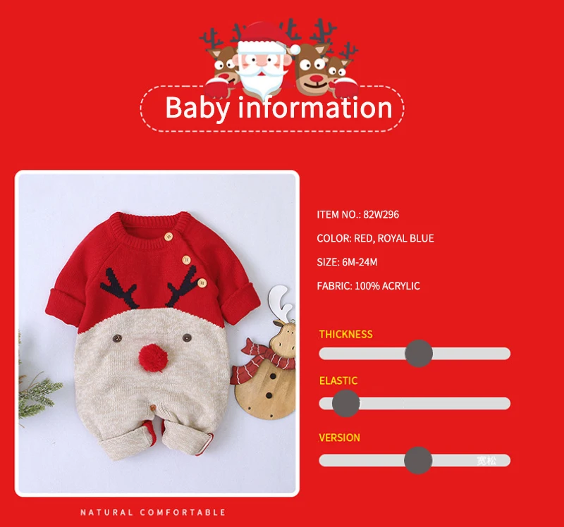 Newborn Infant Baby Cartoon Elk Jumpsuits Toddler Christmas Rompers For Baby Boys Warm Clothes New Year's Costume Wholesale 6
