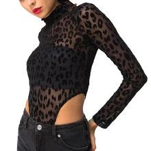 Leopard-print jumpsuit Sexy perspective hollow Women Long Sleeve Leopard Bodysuit Night Club Ladies Slim Bodysuits Female