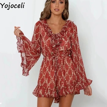 

Yojoceli Elegant ruffle flare sleeve print jumpsuit romper Casual cool sexy short playsuit Autumn beach chiffon overalls
