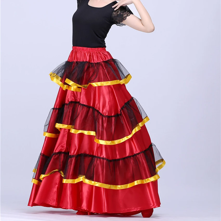Women Flamenco Skirt Polyester Satin Carnival Party Ballroom Belly Dance Costumes Dress