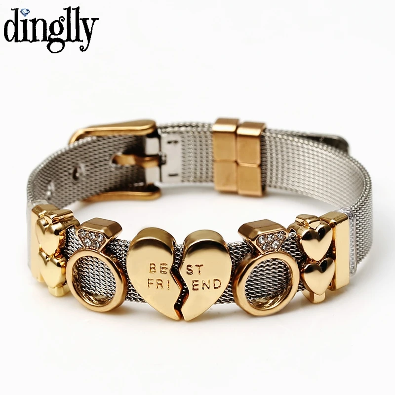 DINGLLY Two-tone Stainless Steel Mesh Bracelets For Women Men Love Heart Beaded 10mm Ribbon Mesh Bracelet & Bangle Gifts Bracelet Jewelry