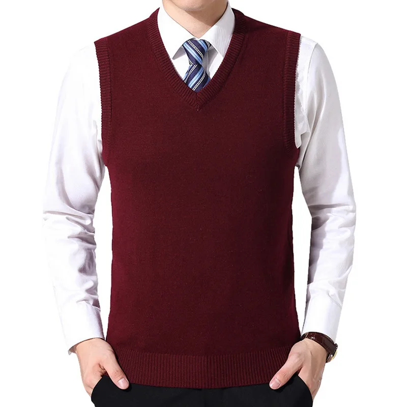 CYSINCOS, новинка, Хлопковый вязаный пуловер для мужчин, v-образный вырез, без рукавов, формальный, деловой, для мужчин, Повседневный, Однотонный свитер, мужские свитера, жилет - Цвет: wine red